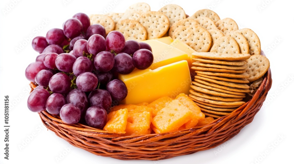 Cheese Platter with Crackers and Grapes on White Background Cheese Platter with Crackers and Grapes on White Background