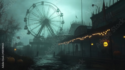 Eerie Amusement Park in Fog photo