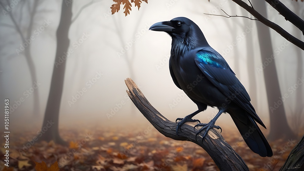 Fototapeta premium This striking image captures a dark crow perched on a barren tree branch in the heart of a foggy autumn forest. The crow’s dark feathers and sharp beak are highlighted in fine detail.