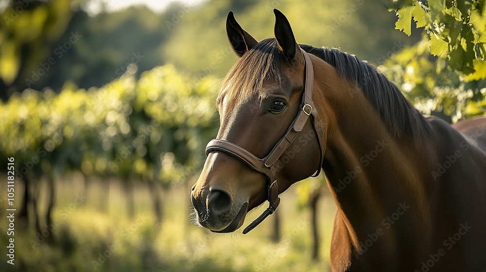 Obraz premium Stunning Close-Up Portrait of a Brown Horse in a Vineyard