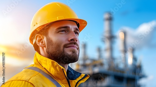 Technician wearing yellow protective jacket and helmet standing on the turbine platform at offshore wind farm