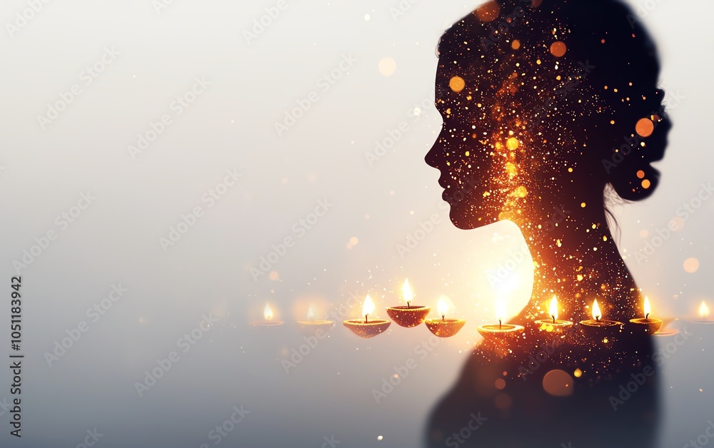 A silhouette of a woman surrounded by shimmering lights and floating candles, symbolizing peace, spirituality, and inner reflection against a soft, ethereal background. A silhouette of a woman surrounded by shimmering lights and floating candles, symbolizing peace, spirituality, and inner reflection against a soft, ethereal background.
