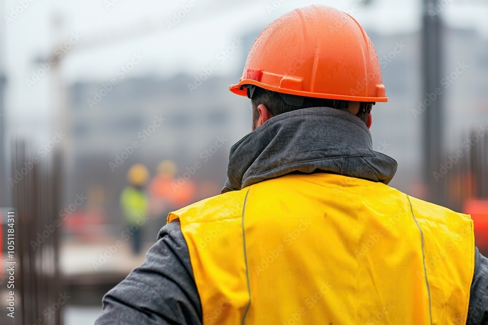 Construction worker in safety gear observing the site. Construction worker in safety gear observing the site.