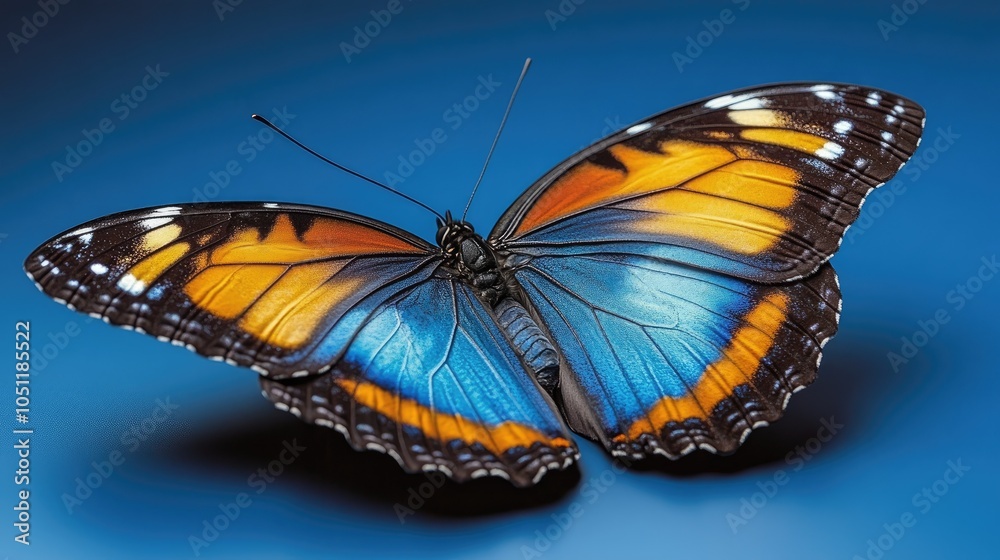 A vibrant butterfly with blue and orange wings. This image can be used for nature, beauty, or even design projects. A vibrant butterfly with blue and orange wings. This image can be used for nature, beauty, or even design projects.