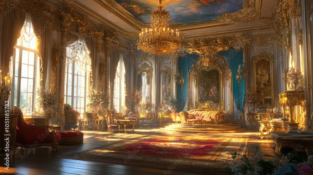 A lavish, ornate room fit for a princess, complete with intricate furnishings, a grand chandelier, and golden accents.
