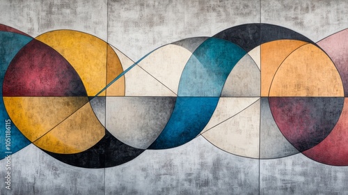 Abstract art, vibrant purple background with red, yellow, blue and white circular shapes