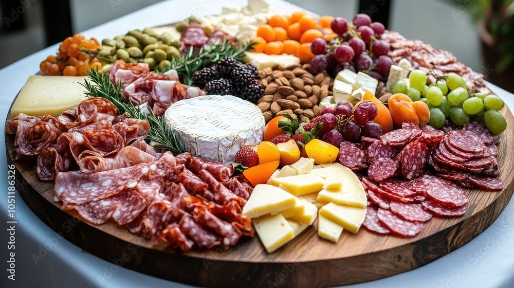 A luxurious charcuterie board featuring artisanal cheeses, meats, fresh fruit, and nuts, all laid out on a round wooden board.