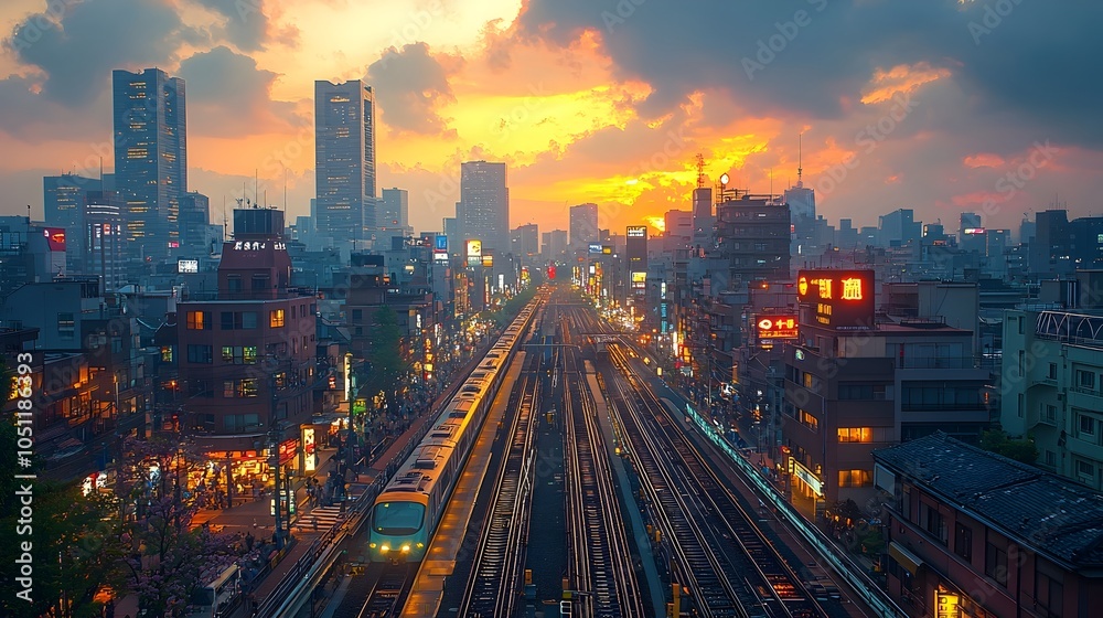 Fototapeta premium High Speed Rail Tracks Converging into a Vibrant Cityscape A Dynamic Image Showcasing Urban Mobility and Infrastructure Planning