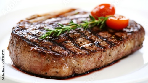 Casual Dining Steak with Tomato and Herbs on White Plate