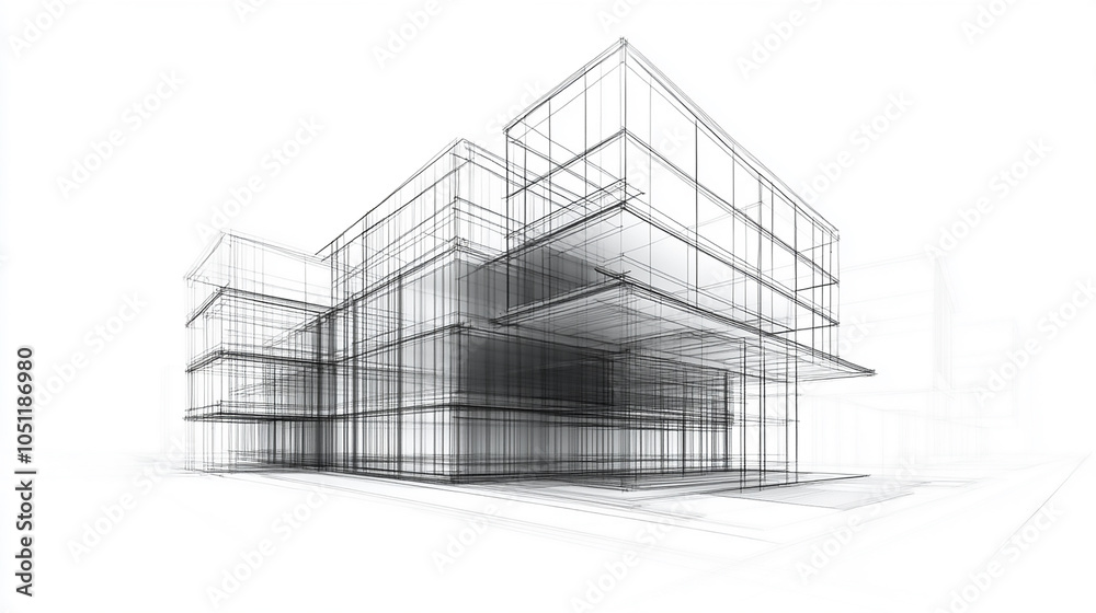 Modern Architecture building construction perspective design, building sketch line drawing on White paper shows a building sketch. Modern Architecture building construction perspective design, building sketch line drawing on White paper shows a building sketch.