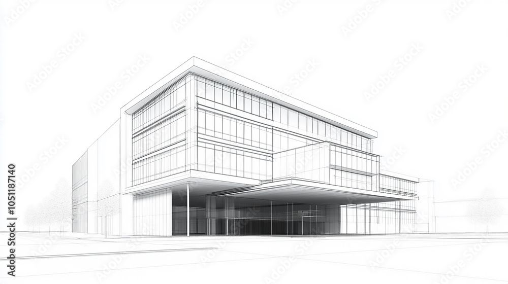 Modern Architecture building construction perspective design, building sketch line drawing on white background  Digital Architectural Rendering Alongside traditional  
