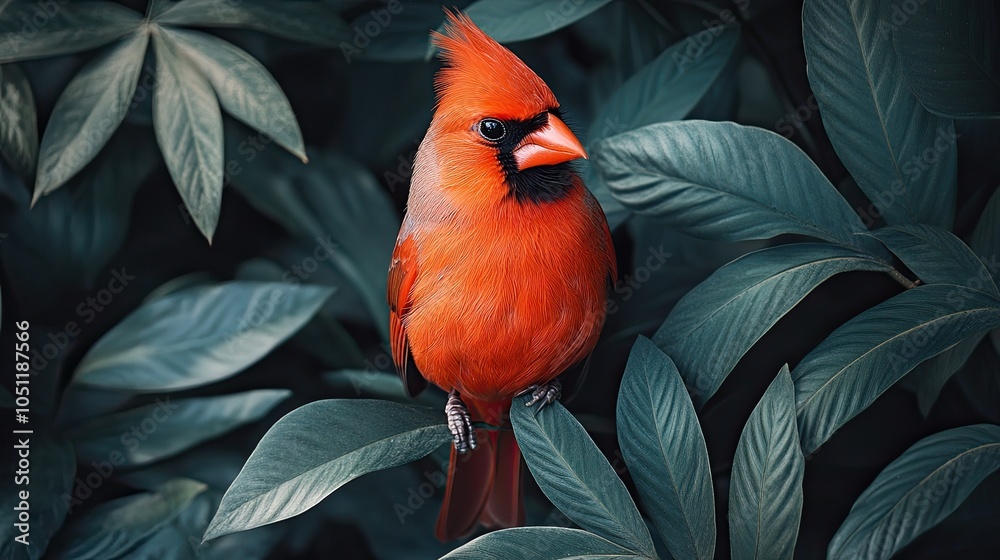 Fototapeta premium A vibrant cardinal perched on green leaves. This photo captures the beauty of nature and can be used for a variety of purposes, like social media posts or websites.
