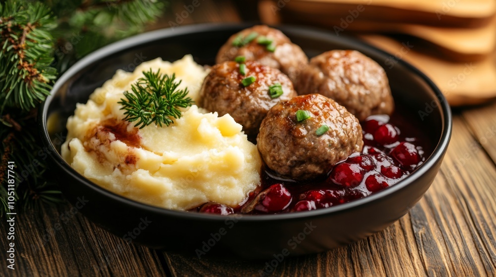 Artful Presentation of Meatballs with Mashed Potatoes Artful Presentation of Meatballs with Mashed Potatoes