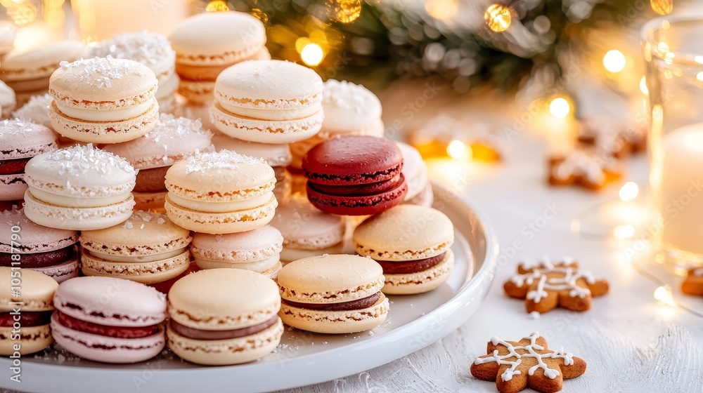 Christmas dessert display featuring Santa macarons, holiday cookies, and gingerbread men, surrounded by twinkling lights and a cozy wreath. Warm holiday vibes Christmas dessert display featuring Santa macarons, holiday cookies, and gingerbread men, surrounded by twinkling lights and a cozy wreath. Warm holiday vibes