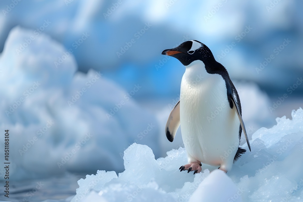 Fototapeta premium Penguin in Antarctica, surrounded by majestic icebergs and the breathtaking beauty of the icy wilderness