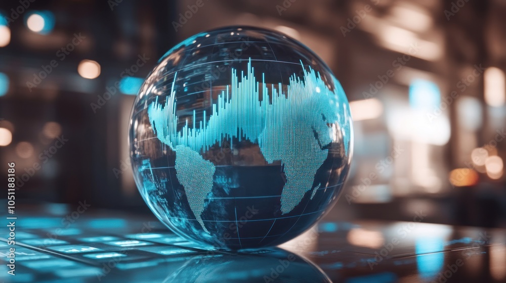 A glass globe with blue and white abstract patterns on its surface, resting on a digital surface in a dimly lit room. A glass globe with blue and white abstract patterns on its surface, resting on a digital surface in a dimly lit room.
