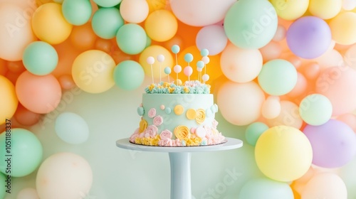 Colorful Cake with Balloons for Celebration Event photo