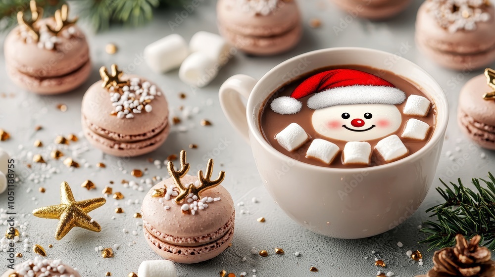 Christmas macarons decorated with festive Santa hats and snowflakes, arranged on a table covered in snow, with bokeh lights in the background Christmas macarons decorated with festive Santa hats and snowflakes, arranged on a table covered in snow, with bokeh lights in the background