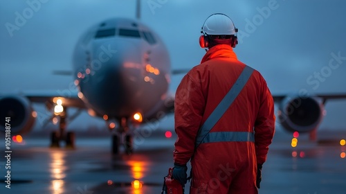 Engineer in red safety gear refueling a large commercial airplane on the dimly lit tarmac at night with the aircraft s fuselage and portable work lights illuminating the scene photo