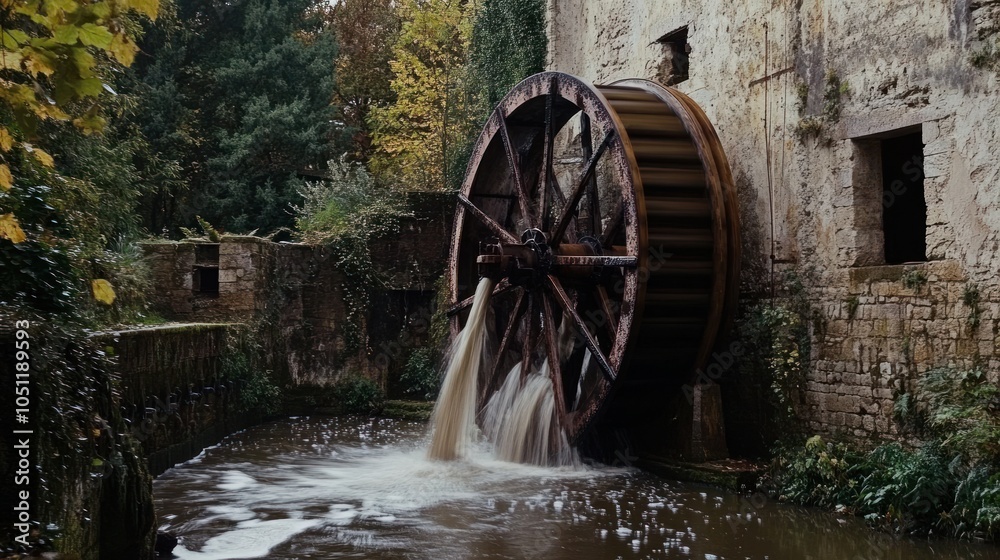 Water Mill Wheel in a Stone Building with a Stream in the Foreground Water Mill Wheel in a Stone Building with a Stream in the Foreground