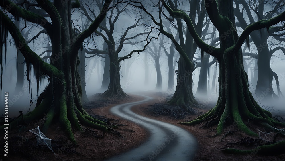 Obraz premium This high-resolution photograph captures an eerie, atmospheric path winding through a dense, foggy forest. Tall, shadowy trees stand in silence.