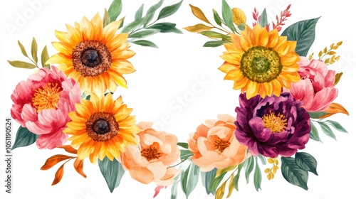 Fototapeta Naklejka Na Ścianę i Meble -  Vibrant floral wreath design featuring sunflowers and peonies for celebrations and events