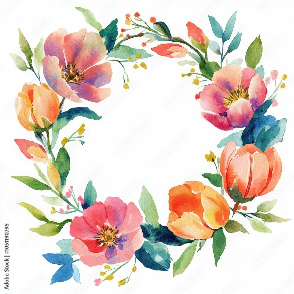 Obraz premium A vibrant floral wreath celebrating the beauty of nature through watercolor art