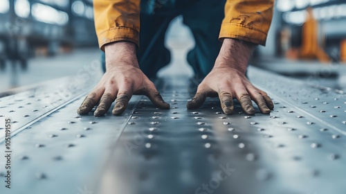 Detailed close up view of hands aligning and securing metal panels on an aircraft wing focusing on the rivets fasteners and hand tools used in the industrial manufacturing and assembly process