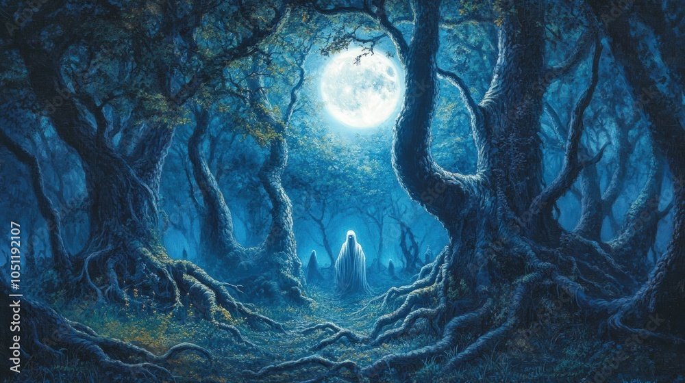 Obraz premium A Ghostly Figure in a Moonlit Forest