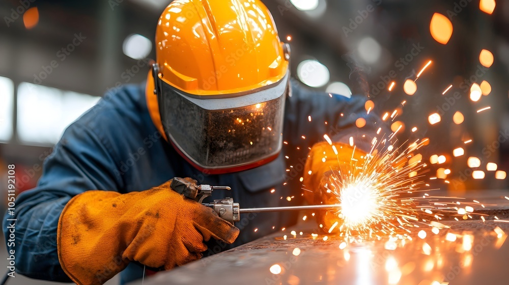 Skilled welder working on a steel structure sparks flying as the bright welding torch lights up the dimly lit industrial workspace  Manufacturing engineering and fabrication concepts