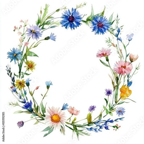 A beautiful watercolor floral wreath design featuring colorful wildflowers and greenery for elegant decor and invitations
