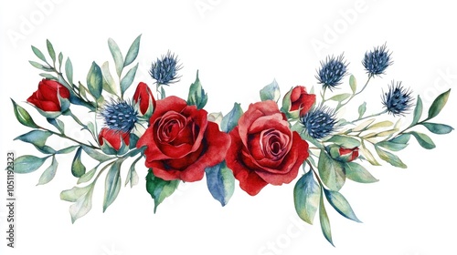Fototapeta Naklejka Na Ścianę i Meble -  Beautiful watercolor arrangement of red roses and thistles for floral design lovers and nature enthusiasts