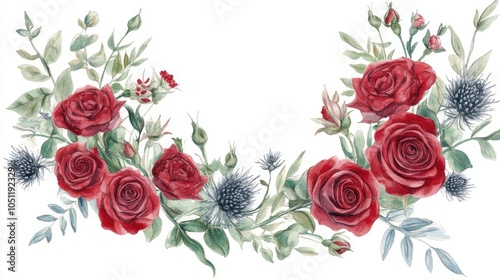 Beautiful floral arrangement featuring red roses and green leaves in a watercolor style for elegant decor and design