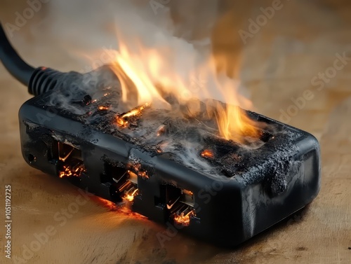 A close-up shot of a black power strip with multiple outlets on a wooden surface. The power strip has caught fire, with visible flames and smoke rising from burnt cables and outlets. The plastic casin photo