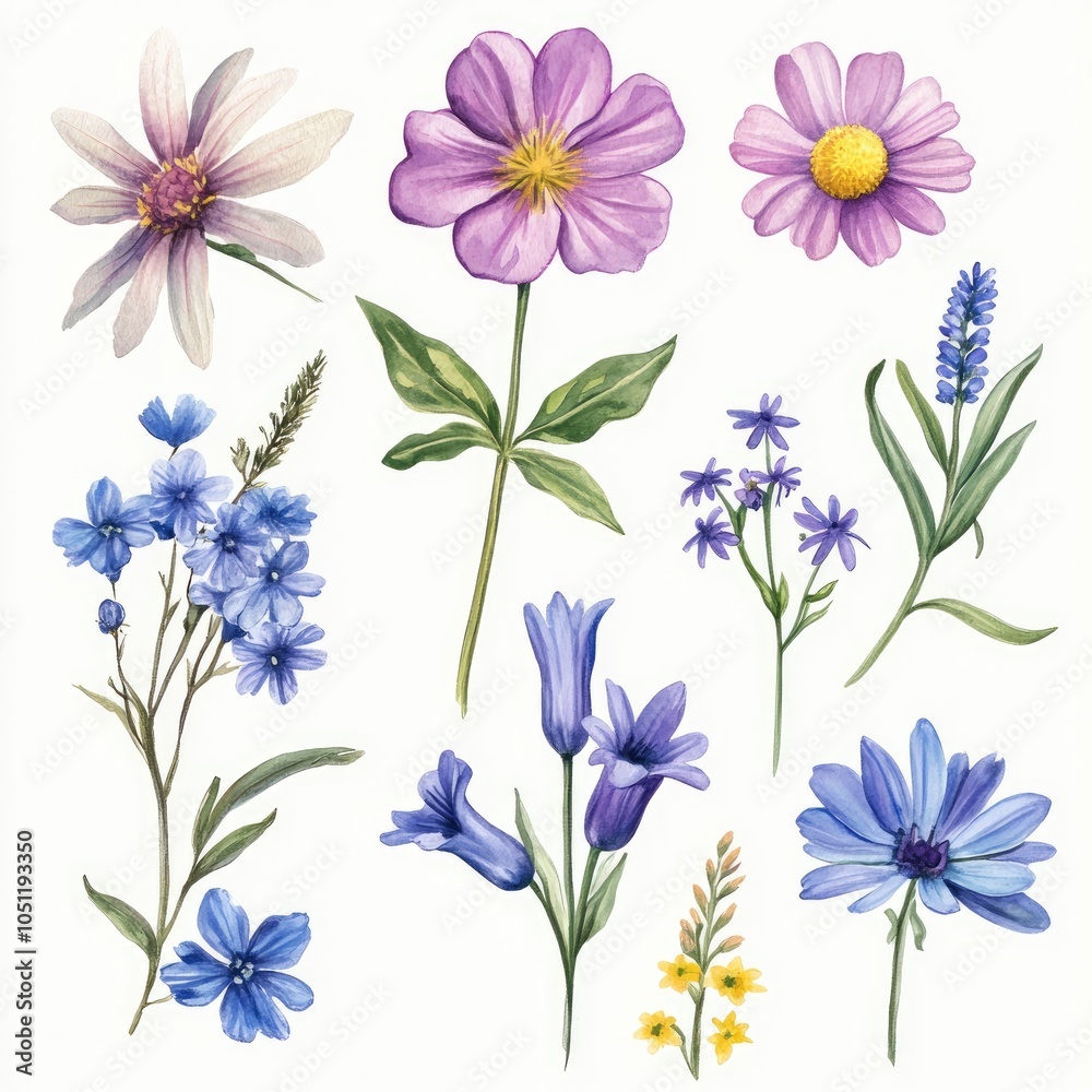 A vibrant collection of wildflowers explore the beauty of nature's blossoms in artful floral illustrations