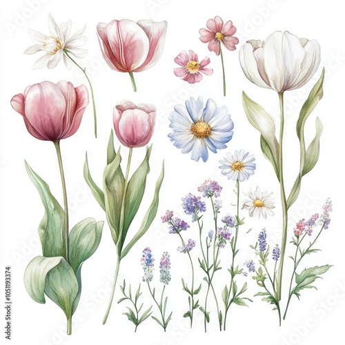 Delicate floral illustrations a collection of vibrant tulips and wildflowers in watercolor style