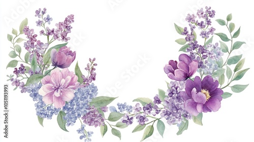A beautiful watercolor floral arrangement featuring lilacs and peonies in soft purple and lavender hues