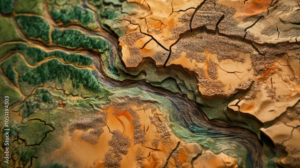 Fototapeta premium A beautiful blend of natural earth textures, including cracked desert clay, green grass, flowing river water,