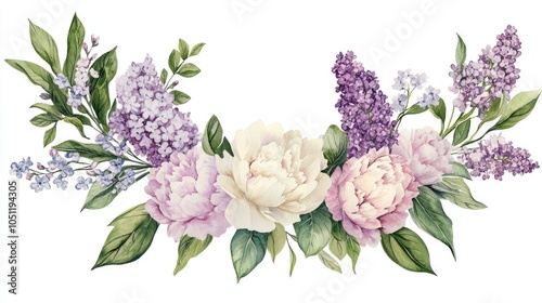 Elegant floral arrangement a beautiful display of peonies and lilacs in watercolor style
