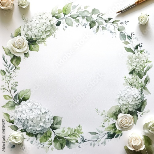 Elegant floral watercolor frame with white roses and greenery for creative projects