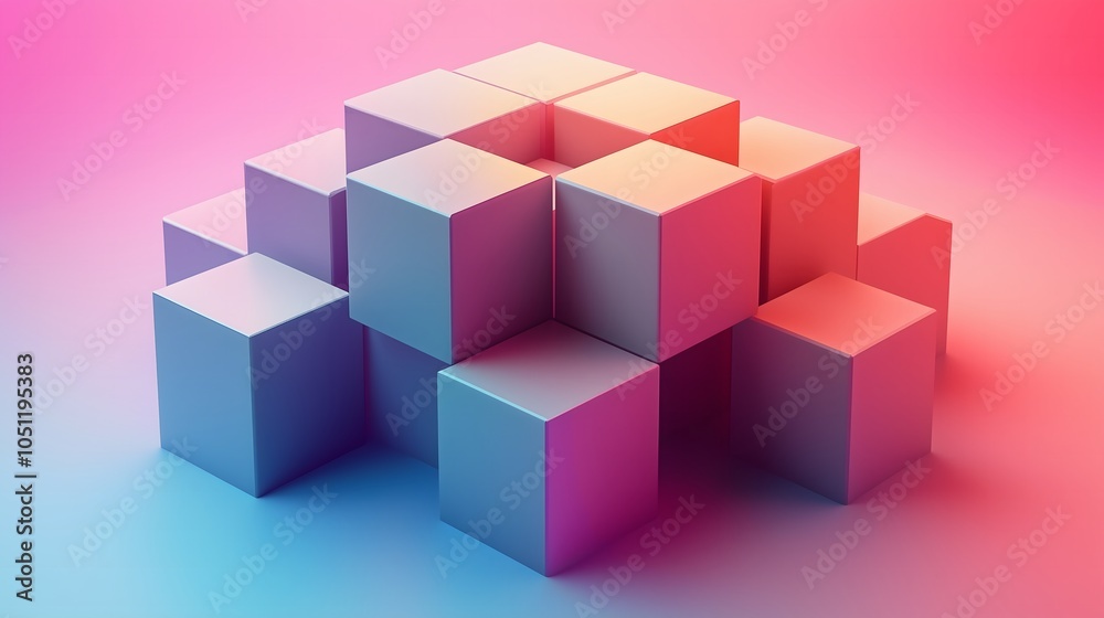 Fototapeta premium Abstract minimalist 3D render of isometric cubes arranged in a grid, each with a slightly different shade, monochrome color palette, soft shadows, precise and clean