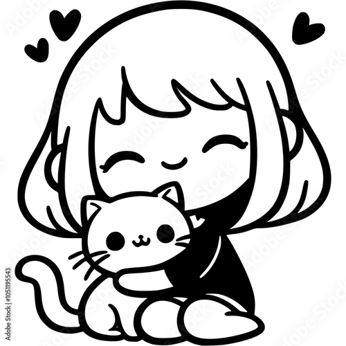 Girl hugs a little kitten in monochrome. Simple minimalistic vector in black ink drawing on transparent background