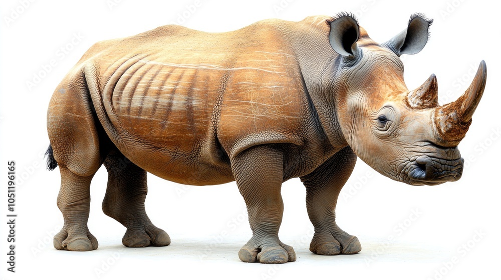 Obraz premium A white rhinoceros stands against a white background. The image is perfect for illustrating wildlife, conservation, or African landscapes.