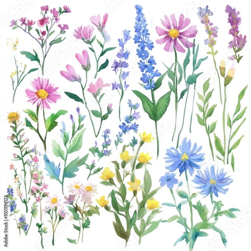 A vibrant collection of watercolor wildflowers capturing the essence of nature's beauty and diversity in floral art