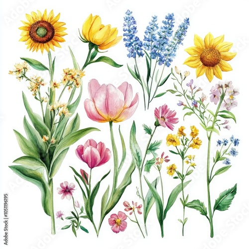 A vibrant collection of hand-painted flowers showcasing nature's beauty with sunflowers tulips and delicate blooms