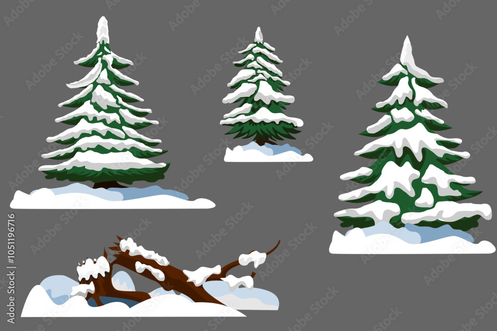 Naklejka premium Pine tree set vector, set of three pine tree and a fallen tree covered with snow simple flat illustration for winter or Christmas theme design