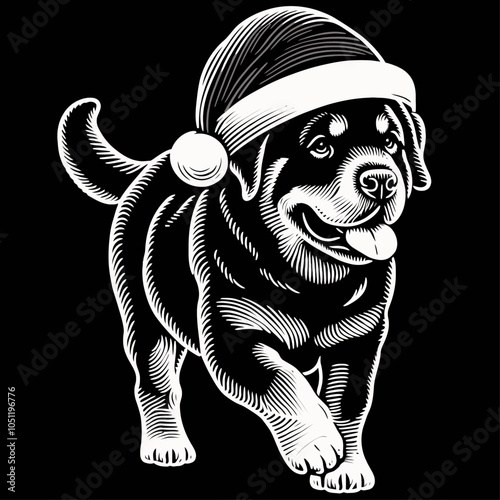 Playful Rottweiler Dog Wearing a Santa Hat Celebrating the Holiday Spirit