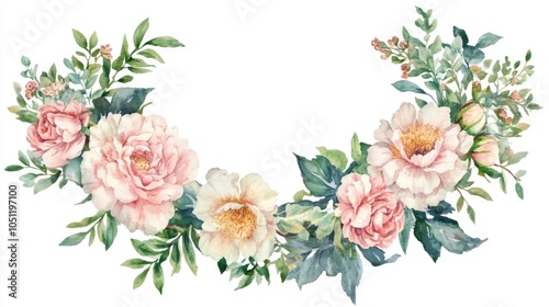 Elegant floral wreath a watercolor depiction of soft pink blooms and lush greenery for creative designs