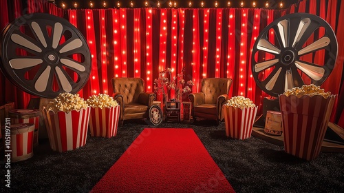 Captivating cinema set with popcorn and film elements for event styling