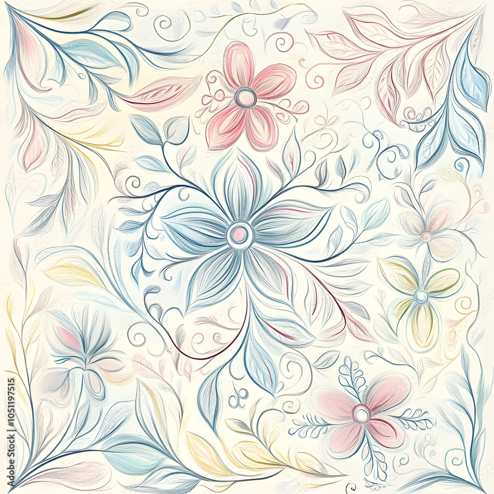 Fototapeta premium Geometric and Organic Doodle Tile and Carpet Designs with White Borders | Hand-drawn, Abstract, Floral, and Symmetrical Patterns in Soft Pastel and Earth Tones
